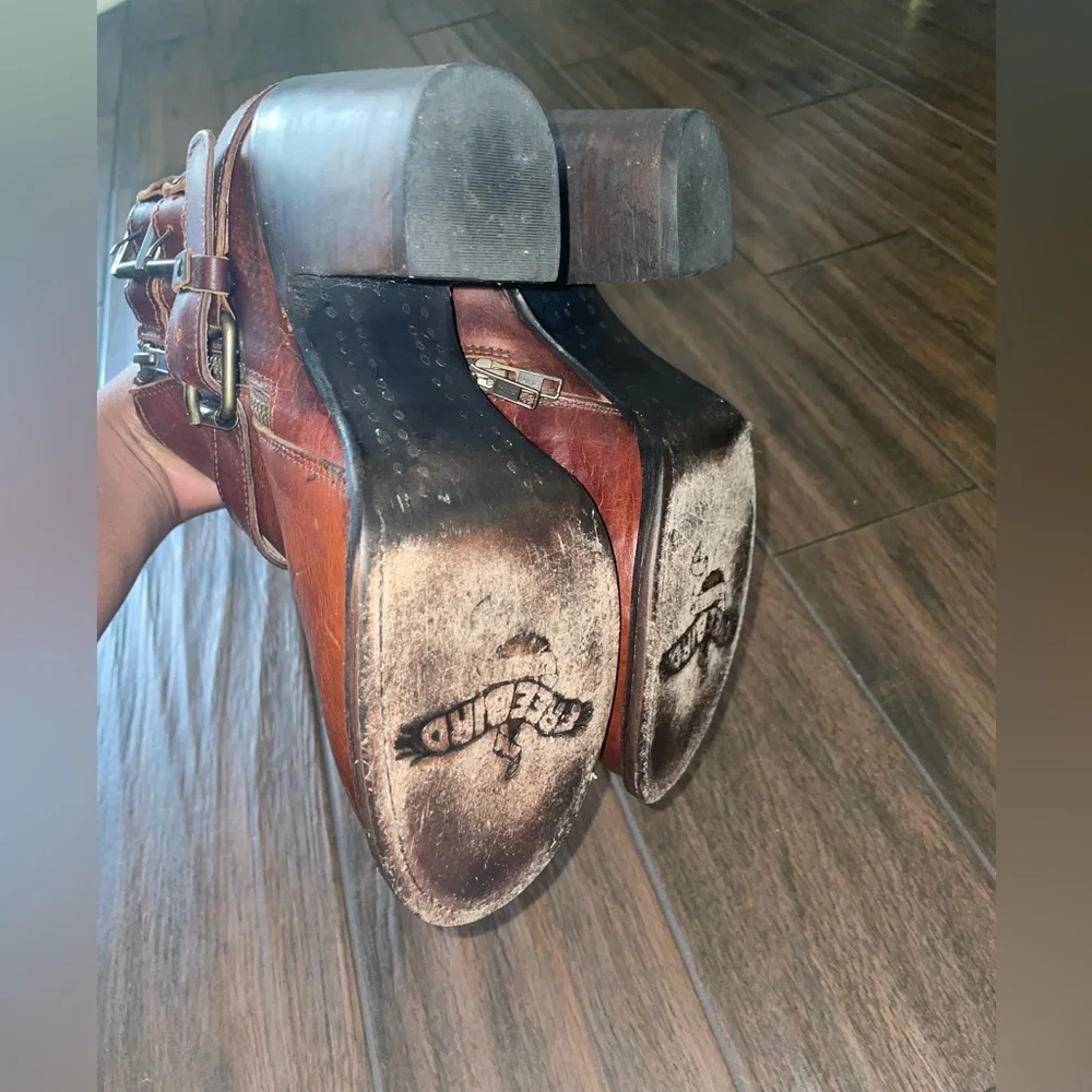 FREEBIRD Distressed Boho Western Leather Buckle Brown Ankle Boots Size 9
